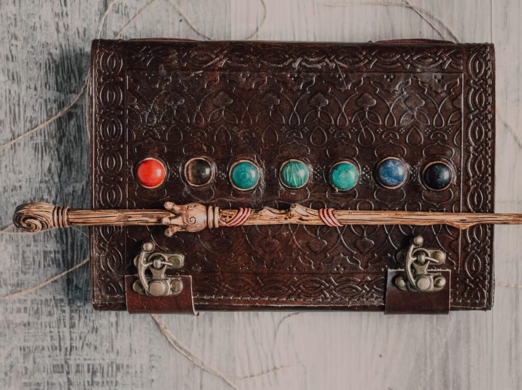 Mystical setup featuring a spellbook and wand, ideal for fantasy enthusiasts seeking a magical touch.